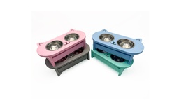 [9876] COMEDERO DOBLE MADERA GATITO COLORES